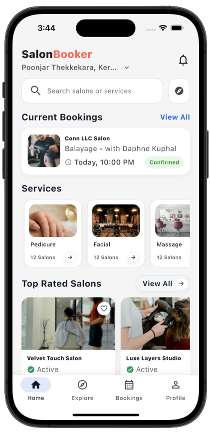 SalonBooker Home Screen
