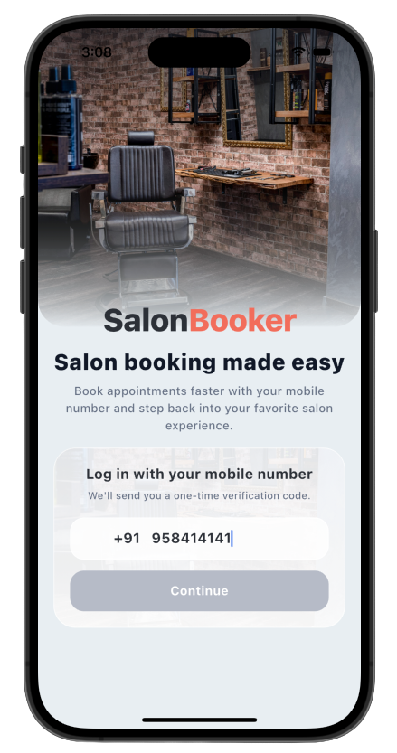 SalonBooker Login Screen